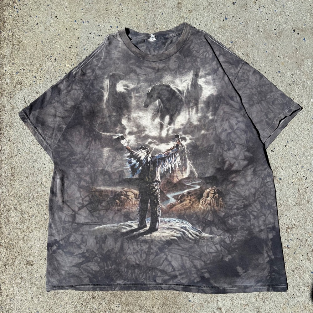 Vintage 2005 The Mountain Native American Spirit Horse Tie Dye T-Shirt XL Grey